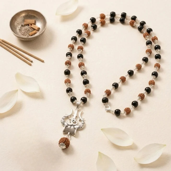 Mahadev Trishul Karungali Rudraksha Mala (Silver Cap)  4.9 ( 63 Reviews )