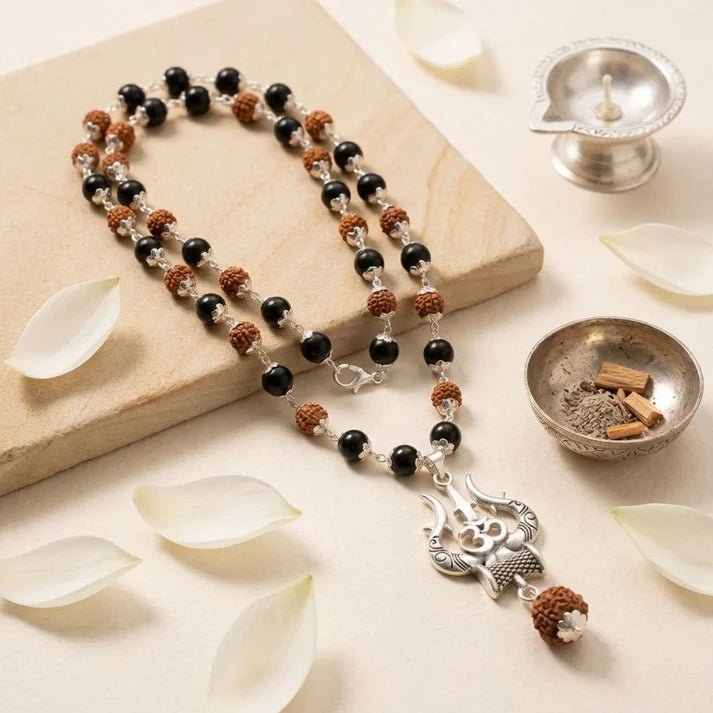Mahadev Trishul Karungali Rudraksha Mala (Silver Cap)  4.9 ( 63 Reviews )